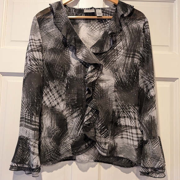 Chico's Tops - Chico's Sheer Black White Bell Sleeves Size 1 Monochrome Ruffled Blouse Y2K 90s